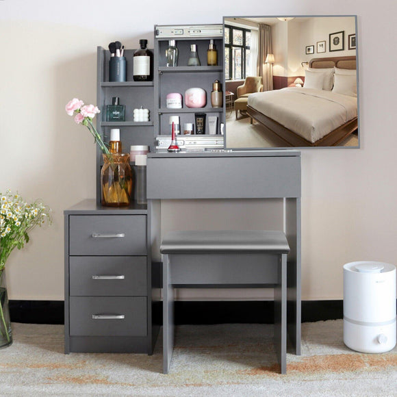 Dressing Table w/ Drawers, Mirror & Stool Set - Grey HamptonandStewart Dressing Table w/ Drawers, Mirror & Stool Set - Grey HamptonandStewart