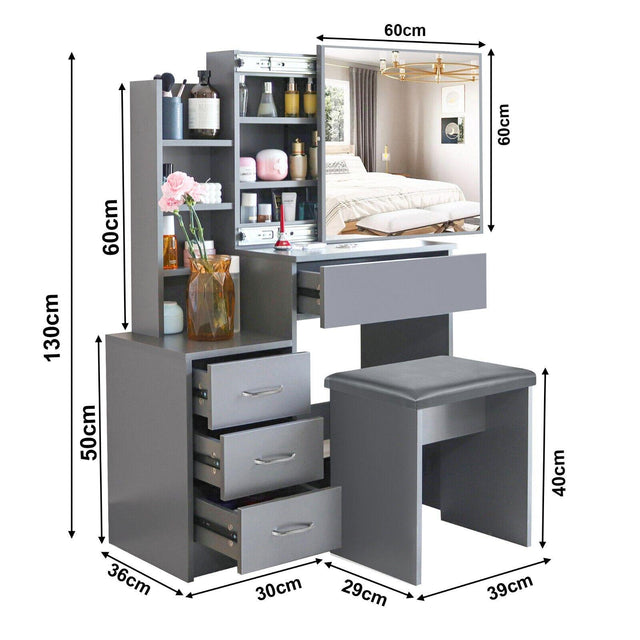 Dressing Table w/ Drawers, Mirror & Stool Set - Grey HamptonandStewart Dressing Table w/ Drawers, Mirror & Stool Set - Grey HamptonandStewart
