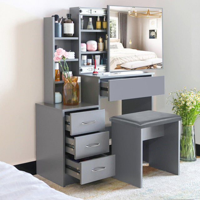 grey dressing table with mirror Vanity Table, Gray Dressing Table with Mirror, Modern Make up Table Set Attached Lighted LED Mirror Storage Drawers and Chair for Bedroom Furniture Women's Dresser Gift Decor. (Grey): Buy Online at Best